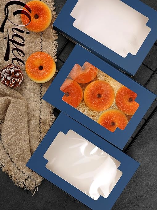 qiqee Blackish Blue Cookie Boxes for Gift Giving 8x5.3x2 inch 24Packs Blackish Blue Bakery Box with Window Treat Box for Donuts Candies and Biscuit