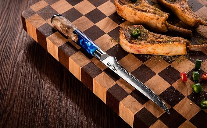 CRICO Boning Knife 5.5 inch Flexible Fillet Knives, VG10 Damascus Super Steel Forged 67-Layers, Full Tang Wood&Resin Handle, Gift Box - Flow Series