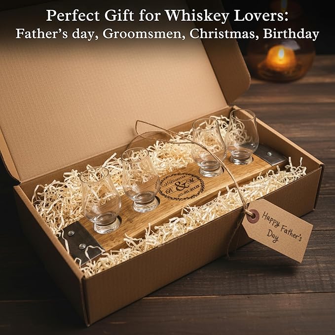 Personalized Premium 4 Glass Whiskey Flight/Engraved Center/Personalized Gift/Crystal Glass Option/Natural Oak Color (Wedding/Anniversay)