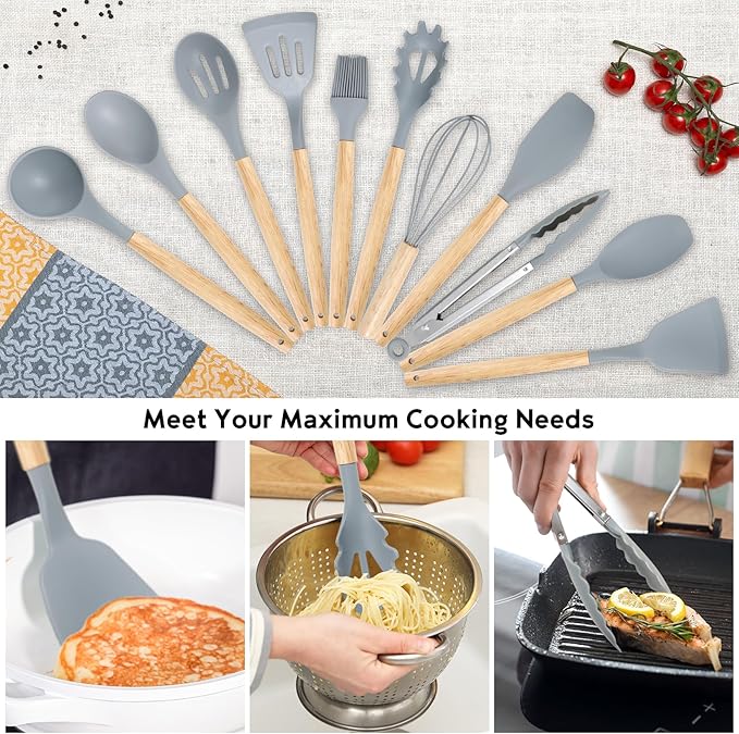 19 PCS Kitchen Cooking Utensils Set, 11 Pieces Silicone Cooking Utensils Set 6 Pieces Sharp Stainless Steel Gray Knife Set with 1 Piece Cutting Board, Ideal for Apartment
