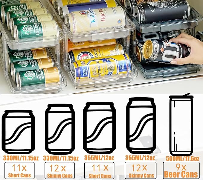 2-Pack Adjustable Can Dispenser for Refrigerator & Pantry - Expandable Width (6.23"-9.37") Gravity-Fed Organizer, Stackable Drink Holder Fits Standard/Tall Cans & Energy Drinks, BPA-Free (Clear-1)