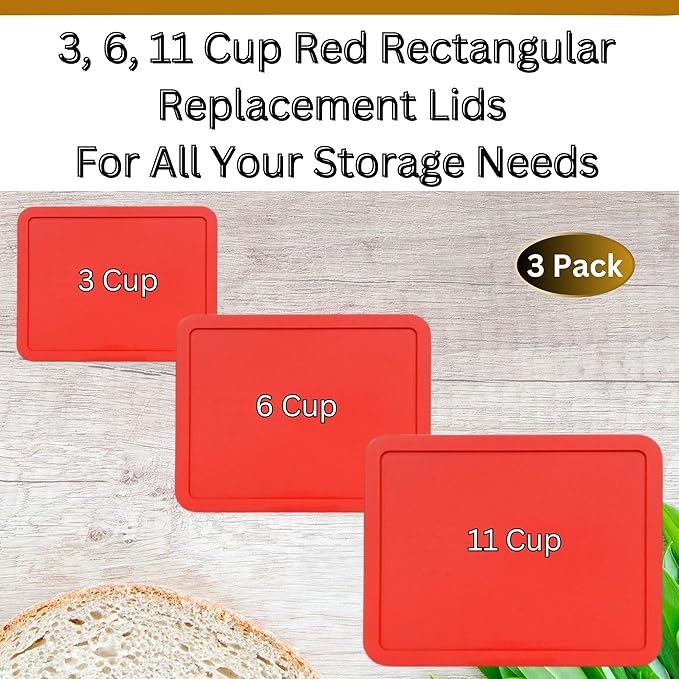 3, 6 & 11 Cup Red Replacement Lids/Covers for Pyrex, Anchor Hocking & KlareWare Storage Bowls *Lids Only Glass Container Not Included* (3 Pack *One of Each Size*)