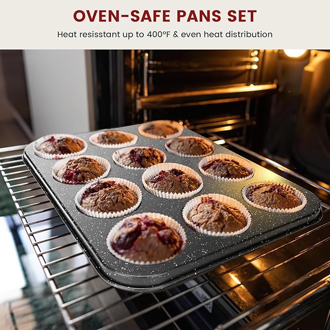 10-Piece Baking Pans Set, Bakeware Sets Nonstick, Baking Set for Oven Cooking, Stackable Carbon Steel Set Include Cookie Sheets, Muffin Pan, Cake Pan, Pizza Pan, Loaf Pan, Roasting Pan, Black