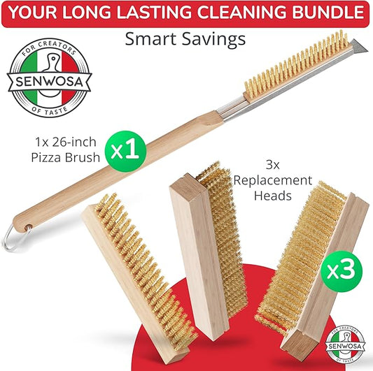 Pizza Oven Cleaning Bundle - 4-Piece Set with 26-Inch Brush, Integrated Scraper & 3 Replacement Heads