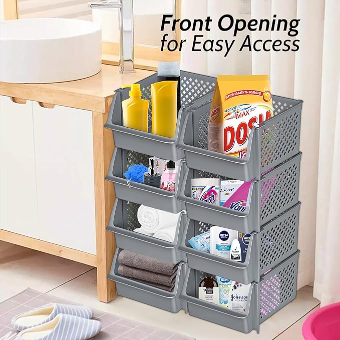 TidyFriend Stackable Storage Bins for Closet Organizers and Storage 4 Pack, Garage Storage Bin Stackable, Bathroom and Garage Organizer (Grey)