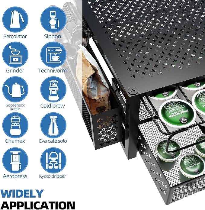 Simple Trending Coffee Pod Holder for K Cups, with 2 Tier Slidng Storage Drawer and Coffee Accessories Holder, 63 Large or 80 Small Capsule Organizer, Black