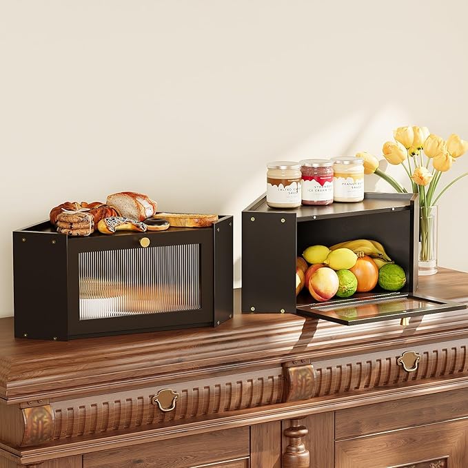 Corner Bamboo Bread Box for Kitchen Counter Large Capacity Rustic Bread Storage Container with Wavy Arcylic Transparent Door Vintage Storage for Homemade Bread (Black)