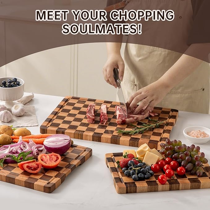 Cutting Board Set, Acacia Wood Checkered Cutting Boards for Kitchen, 3 pcs Chopping Board with Juice Grooves & Handles, Butcher Block Serving Tray for Meat, Vegetables and Fruits with Gift Box