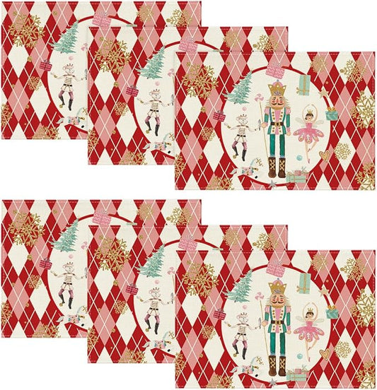 Red Diamond Plaid Nutcracker Snowflake Christmas Placemats Set of 6, 12x18 Inch