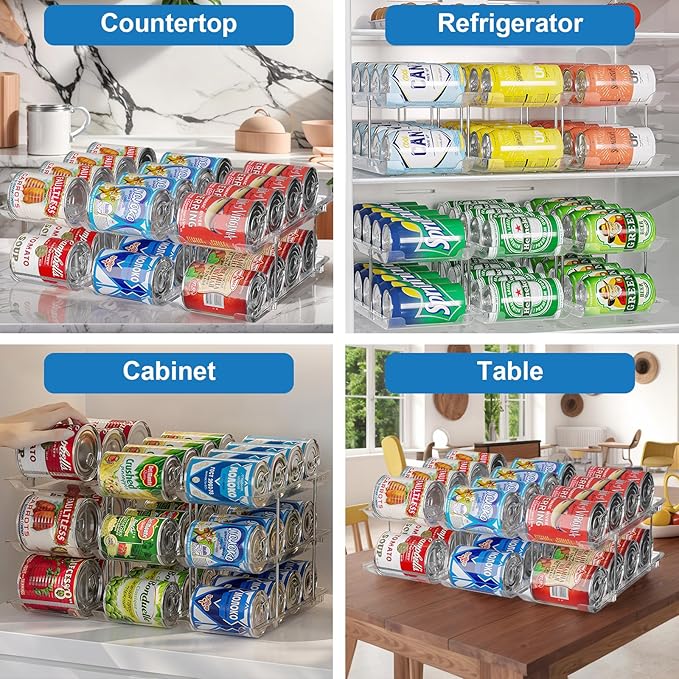 cjc Can Organizer for Pantry, Clear Can Organizer for Fridge, Automatic Rolling Soda Pantry Organizers for 36 Cans, Stackable Storage Rack for Kitchen Cabinet (3 Sets 3 Tiers)