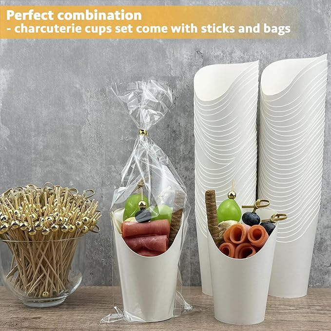 CAMKYDE 50 Sets Disposable Charcuterie Cups with Sticks and Bags, 12 oz White Paper Snack Appetizers Cup French Fry Holder with Cocktail Picks Toothpicks (50 Cups+50 Bags+200 Sticks)