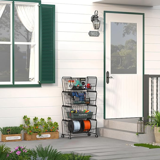 PUSDON Stackable Metal Storage Carts, Dual Use Shelf for Kitchen Fruit Vegetable Baskets with Wheels, Storage Rack for Living Room, Home & Office, Standard Black 4 Tiers