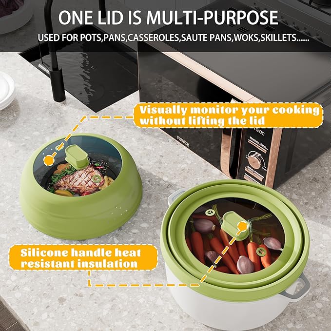 Microwave Splatter Cover, Vented Silicone and Glass Cover Splatter Guard Lid, Food Collapsible Plate Cover Lid with Easy Grip Handle. (Green, 11.8 inch)