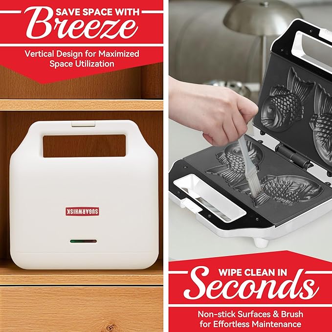 Taiyaki Fish-shaped Waffle Maker, 2 Pcs Electric Japanese Fish Shaped Waffle Iron Pan, Dual Non Stick Cooking Plates, Recipe Included, White