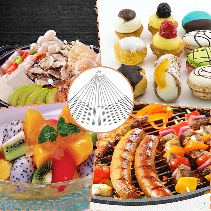 18 PCS Fondue Forks Stainless Steel,9.3 Inches Cheese Fondue Sticks with Heat Resistant Handle,Color Coding Fondue Fork Smores Sticks for Cheese Chocolate Roast Marshmallows Dessert Meat