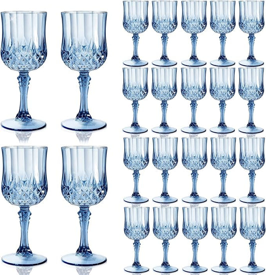 24 Pcs 7 Oz Plastic Goblets for Parties, Blue Plastic Wine Glasses Vintage Champagne Whiskey Crystal Water Goblets for Home, Office, Bars, Wedding, Ribbed (24, Ocean Blue)