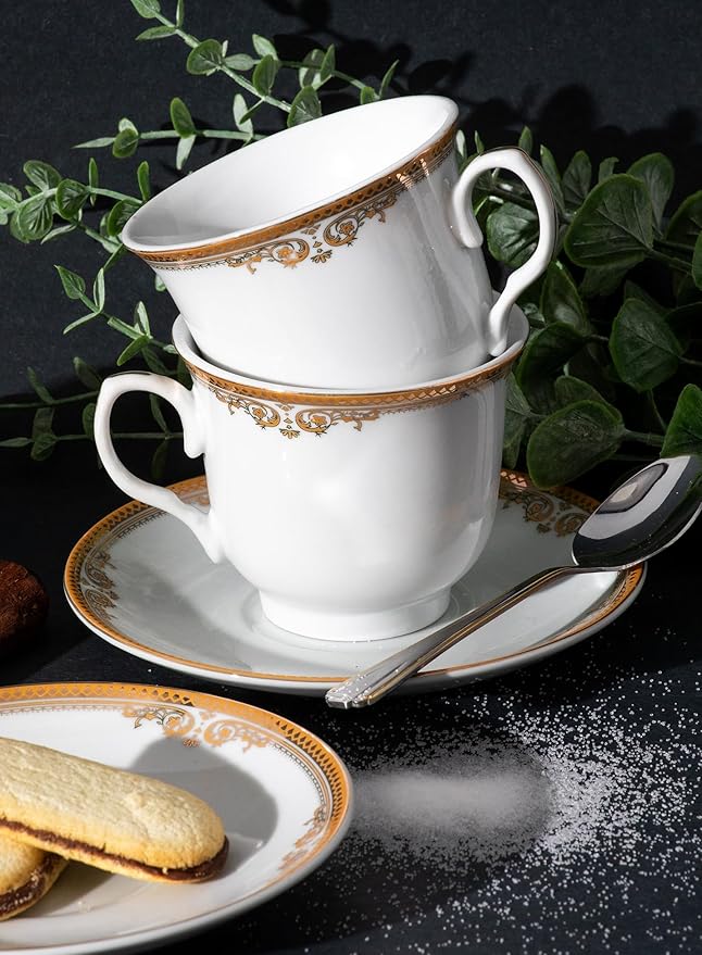 Porcelain Tea Cups and Saucers - 4 Pieces, Vintage Set - White with Gold Floral Edge Design - 5.5 Inch Saucers, 6.5 oz Cups - Perfect for Tea Parties or Every Day Use (Floral Gold 3004, 4 Piece)