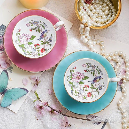 Aynsley Handpainting Colored Glaze Pembroke Oban Fine Bone China English Tea Cup and Saucer Set, 6.1 oz (Pink)