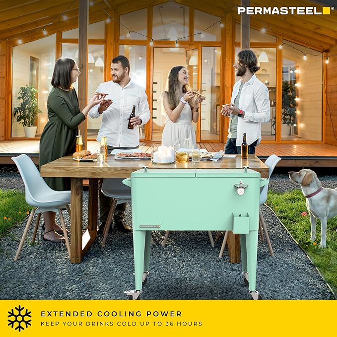 Permasteel 80 Quart Party Cooler, Rolling Ice Chest with Wheels and Handles for Indoor Outdoor Patio