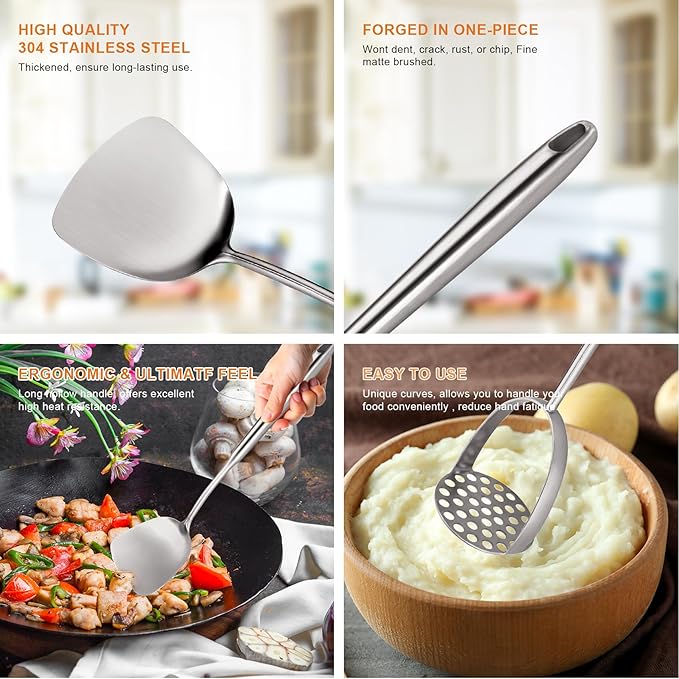 18/10 Stainless Steel Kitchen Utensils Set, 304 Stainless Steel Utensil, 12 PCS Large Metal Cooking Utensil Tools Set
