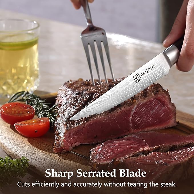 PAUDIN Steak Knives 4.5 Inch, Steak knives Set of 8, High Carbon Stainless Steel Steak Knife Set, Sharp Serrated Steak Knife with Pakkawood Handle, Kitchen Steak Knives with Gift Box