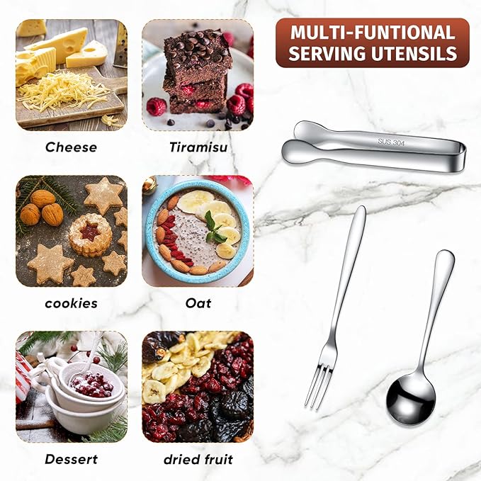 Cunhill 24 Pcs Charcuterie Accessories Mini Cocktail Tongs Small Serving Spoons and Appetizer Forks Stainless Steel Tongs Charcuterie Utensils for Valentine Party Supplies(Circular Spoon,Silver)
