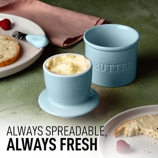 Zulay Kitchen Porcelain Butter Crock With Lid & Knife - Authentic French Butter Dish For Fresh & Spreadable Butter - Light Blue