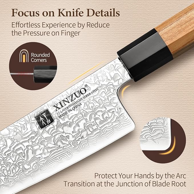 XINZUO 8.5 Inch Japanese Kiritsuke Chef Knife with Sheath, Hand Forged 67 Layers Damascus Steel Kitchen Knife, Ultra Sharp, Japanese Chopping Knife with Olive Wood Octagonal Handle