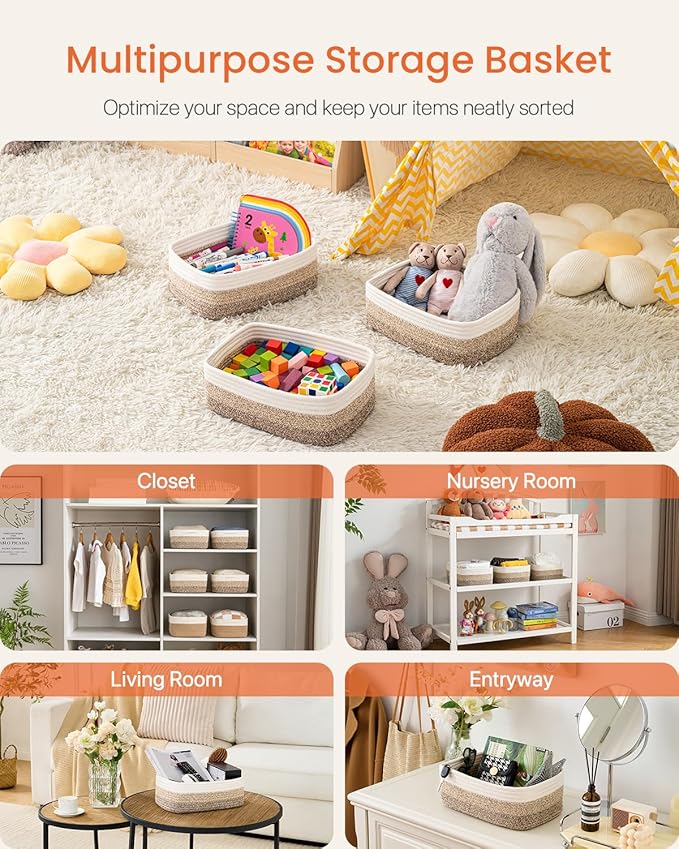 Small Woven Basket, 12 x 8 x 4.5 Inches, Storage Basket for Organizing, Cute Small Rope Shelf Closet Cube Storage Bins Baskets for Shelves, Dog Toy Gift Baskets Empty, 3 Pack Gradient Brown