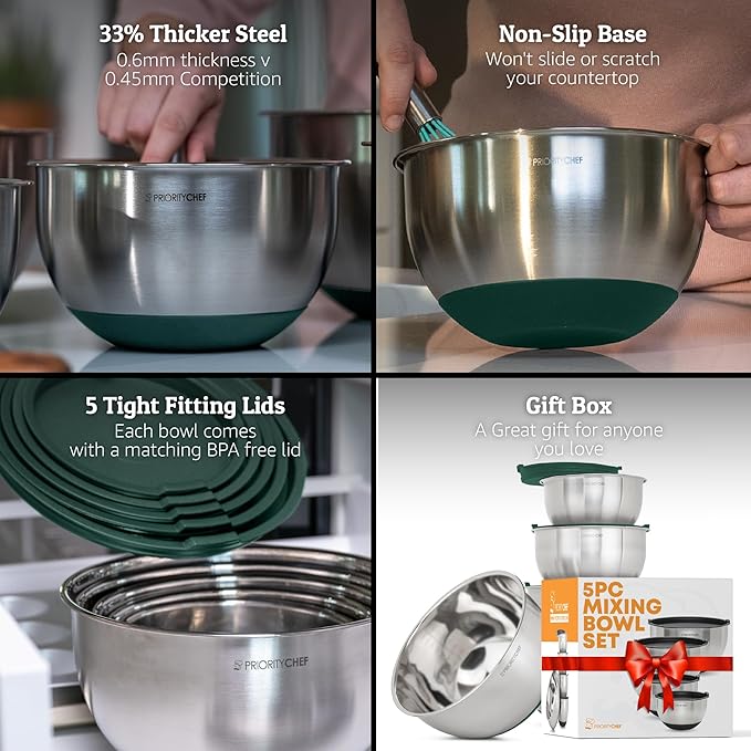 Priority Chef Premium Mixing Bowls With Airtight Lids Set, Thicker Stainless Steel Mixing Bowl Set, Large Prep Metal Bowls with Lids, Nesting Bowls for Kitchen, 1.5/2/3/4/5 Qrt, Green