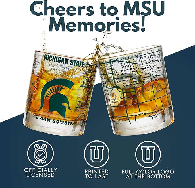Greenline Goods – Michigan State University Spartans College Whiskey Glasses (Set of 2), 10 oz – Full-Color Logo + Campus Map