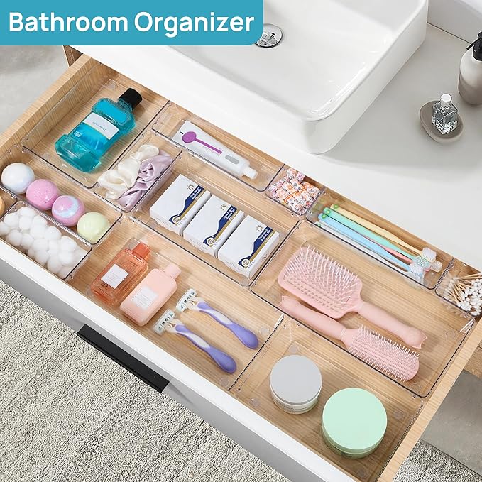 Vtopmart 88PCS Clear Plastic Drawer Organizers Set, 5-Size Versatile Bathroom Drawer Organizer Trays, Storage Bins for Makeup, Vanity, Kitchen Gadgets Utensils and Office