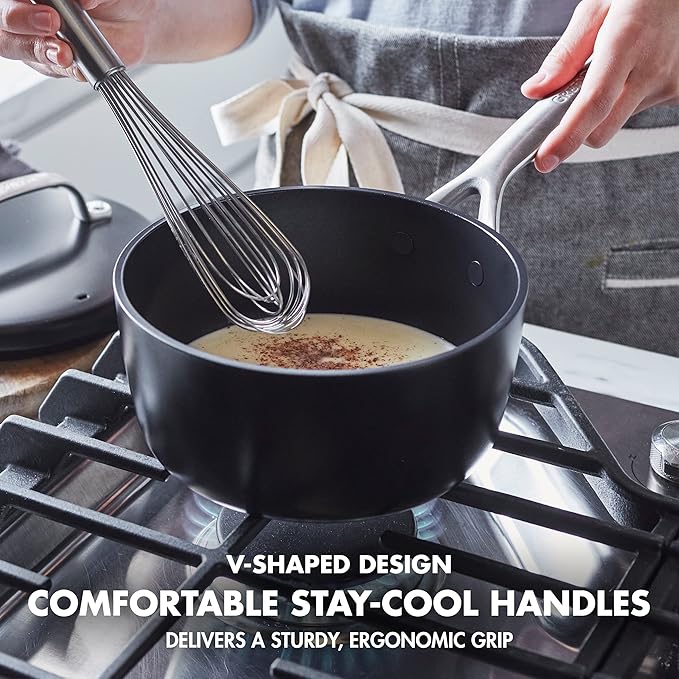 GreenPan GP5 Hard Anodized Healthy Ceramic Nonstick 14 Piece Cookware Pots & Pans Set, Heavy Gauge Scratch Resistant, Stay-Flat-Surface, Induction, Oven Safe, PFAS-Free, Black