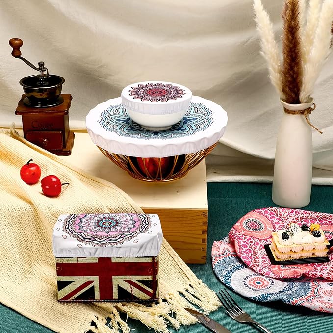 Patelai 10 Pcs Bowl Covers Reusable in 5 Size Stretch Cloth Fabric Elastic Food Storage Bowl Covers Bread Sourdough Lids for Proofing Food Fruits Leftover(Retro Style)