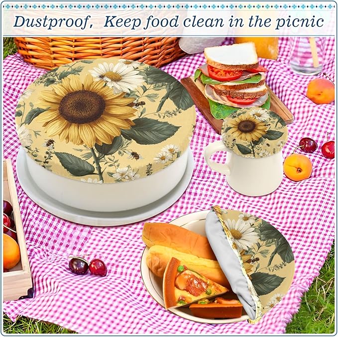 5 Pcs Bowl Covers Reusable in 5 Size Elastic Food Cover Cloth Lids Fresh Keeping Dish Cookware Bakeware Fabric Covers Lids for Food Leftovers Fruits Storage Yellow Sunflowers and Daisies