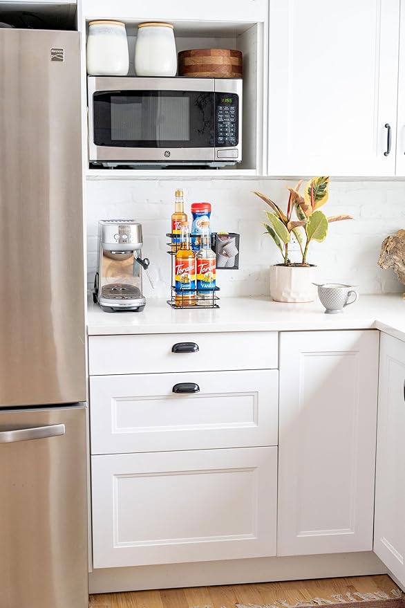 Bella Beau Coffee Syrup Organizer, Coffee Syrup Dispenser, w/Moveable Mesh, Syrup Rack, Tea Station Stand for Countertop, Holds 4 Bottles, Tea Bar Accessories for Countertop