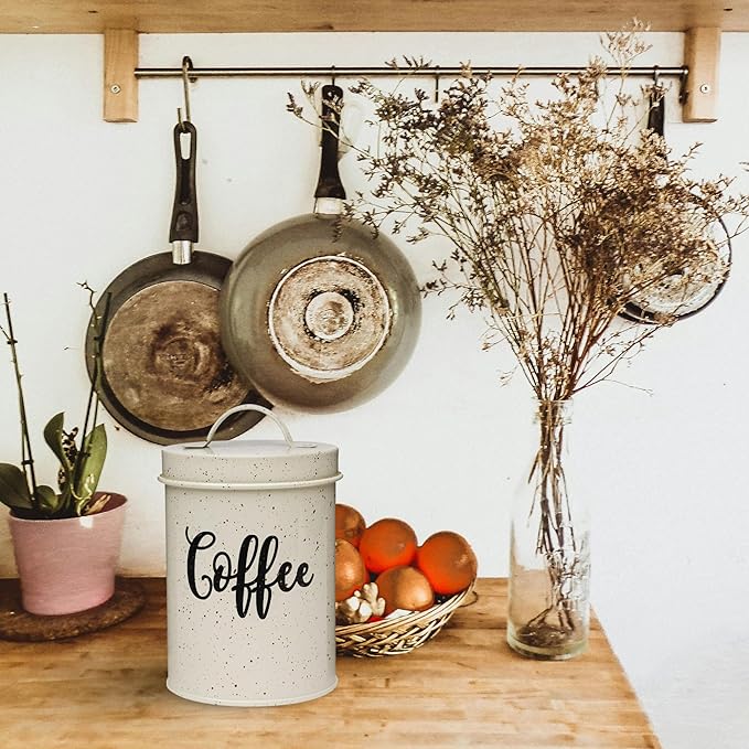 Amici Home Maddox Metal Coffee Canister | Dry Food Storage Container | Speckled Cream Canister for Kitchen Countertop | Storage Jar for Coffee with Handle | 44 Oz
