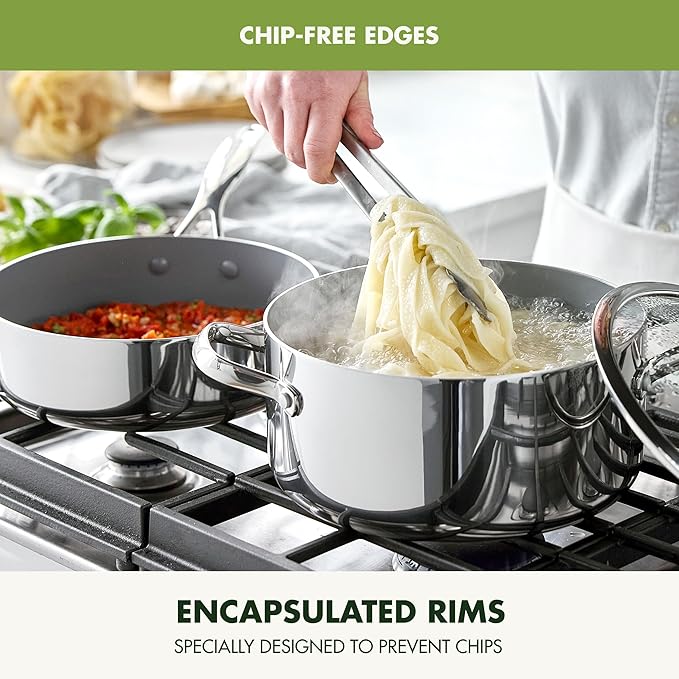 GreenPan Valencia Tri-Ply Stainless Steel 10 Piece Cookware Set, Induction Ready Pots & Pans, Mirror Finish, Dishwasher Safe & Oven/Broiler Safe to 600F, Compatible with All Cooktops, Silver