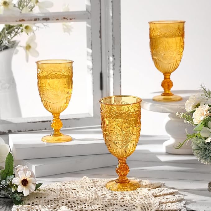 18 Pack Plastic Goblets 10oz Upgrade Vintage Water Goblet Plastic Wine Glasses Colored Retro Embossed Glassware for Party Wine Bar Juice Baby Shower Wedding Reception Grand (Amber)