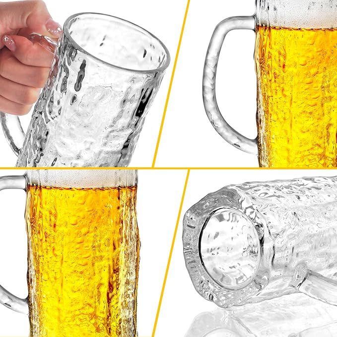 Beer Mug Set of 2, 16.5oz Glass Beer Mugs for Freezer, Clear Large Beer Steins with Handle, Gifts for Men