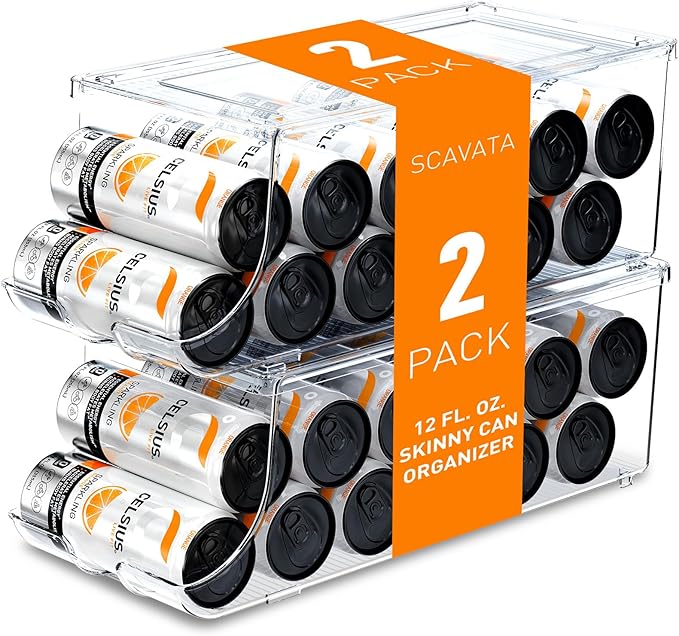 2 Pack Skinny Can Organizer for Refrigerator, Stackable Tall Skinny Soda Pop Can Holder Dispenser with Lid for Fridge Pantry Rack Freezer, Clear Plastic Storage Bins-Holds 12 Slim Cans Each