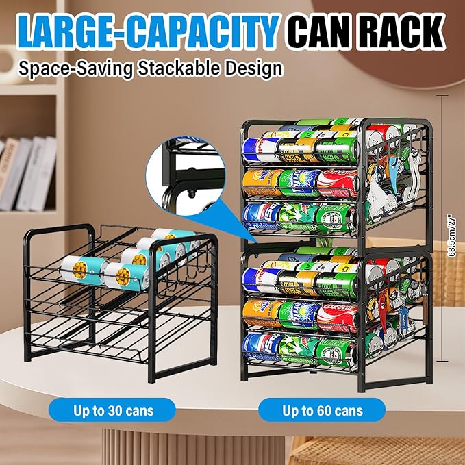 6-Tier Stackable Can Rack Organizer for Pantry, Adjustable Can Dispenser Holds Up to 60 Cans, with 12 hooks, Can Storage Holder for Various Ounces of Canned Food Soda Drinks, Black, 2 Pack