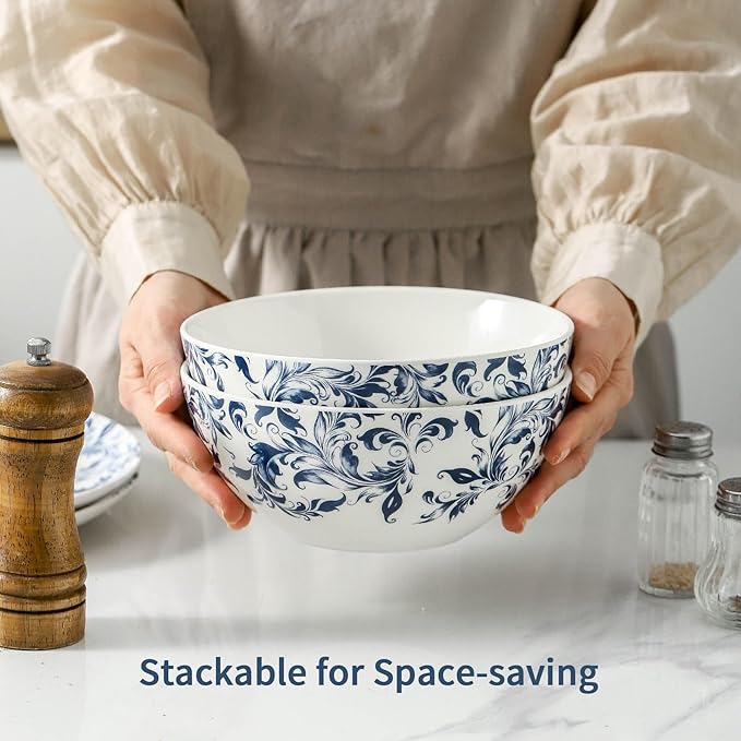 ramen bowl, salad bowl，mixing bowls，ceramic bowls, large cereal bowls, Large Soup Bowl, Pho Bowls, Fruit, Microwave Dishwasher Safe, 7 inch Blue and White 2 pack