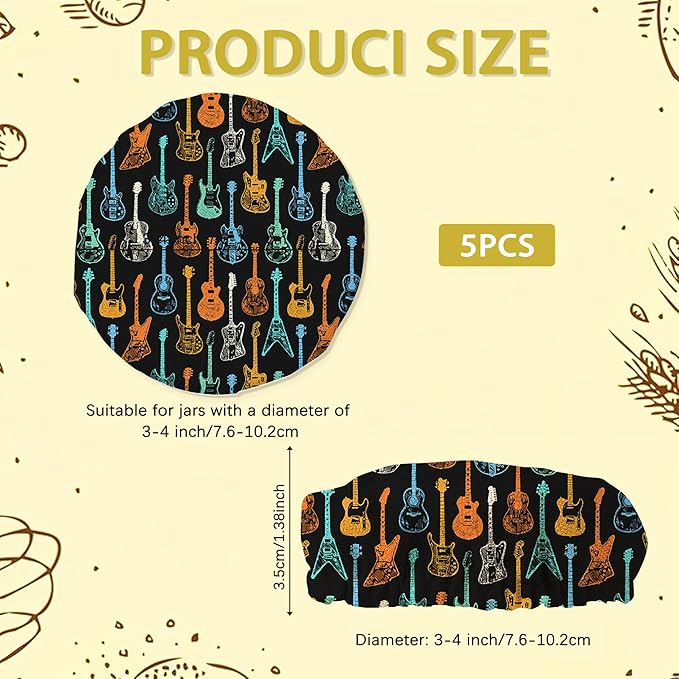 Colorful Guitar Sourdough Jar Cover Reusable Cloth Lid for Sour Dough Starter Jar,5 Pack Bread Fermentation Container Tops Elastic Fabric Caps