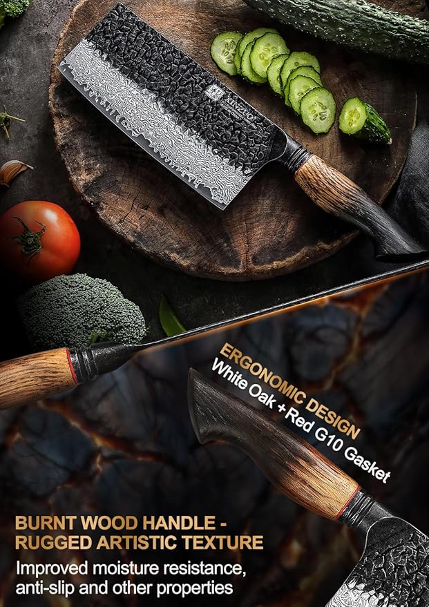 XINZUO 7.3 Inch Vegetable Cleaver Knife,10Cr15Comov Steel Core Forged Damascus Steel,Sharp Slicing Knife For Home Kitchen And Restaurant,Ergonomic White Oak + Red G10 Gasket Handle