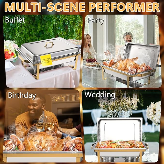 SIOTMERA 9QT Chafing Dishes for Buffet 1 Pack, Thickened Stable Stainless Steel Chafing Dish Buffet Set, Rolled Edge No Finger Cut Food Warmers for Party Catering Events Weddings, Gold and Silver