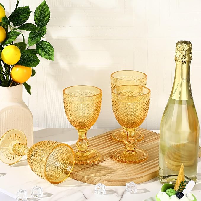 Bokon 6 Pack Amber Glass Goblets Set 10 oz High Clear Wine Glass Vintage Water Goblets Cups Embossed Diamond Design Glassware with Stem for Drinking Juice Liquor Party Wedding Bar