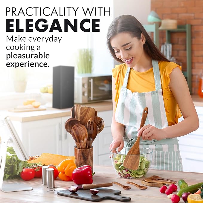 Zulay Kitchen 15-Piece Teak Wooden Utensils for Cooking - Natural Teak Utensil Set with Premium Gift Box - Non-Stick Wooden Spoons for Cooking - Kitchen Gift Set - Comfortable Grip Wooden Utensil Set