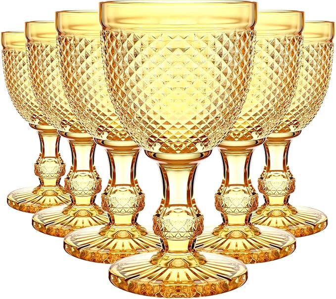 Bokon 6 Pack Amber Glass Goblets Set 10 oz High Clear Wine Glass Vintage Water Goblets Cups Embossed Diamond Design Glassware with Stem for Drinking Juice Liquor Party Wedding Bar