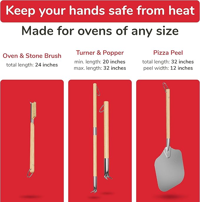 Pizza Oven Accessories Set - 3 Piece Pizza Making Kit with Pizza Peel, Pizza Oven & Stone Brush with Scraper, Turning Fork & Bubble Popper - Tools for Indoor Outdoor Brick Wood Gas Ovens